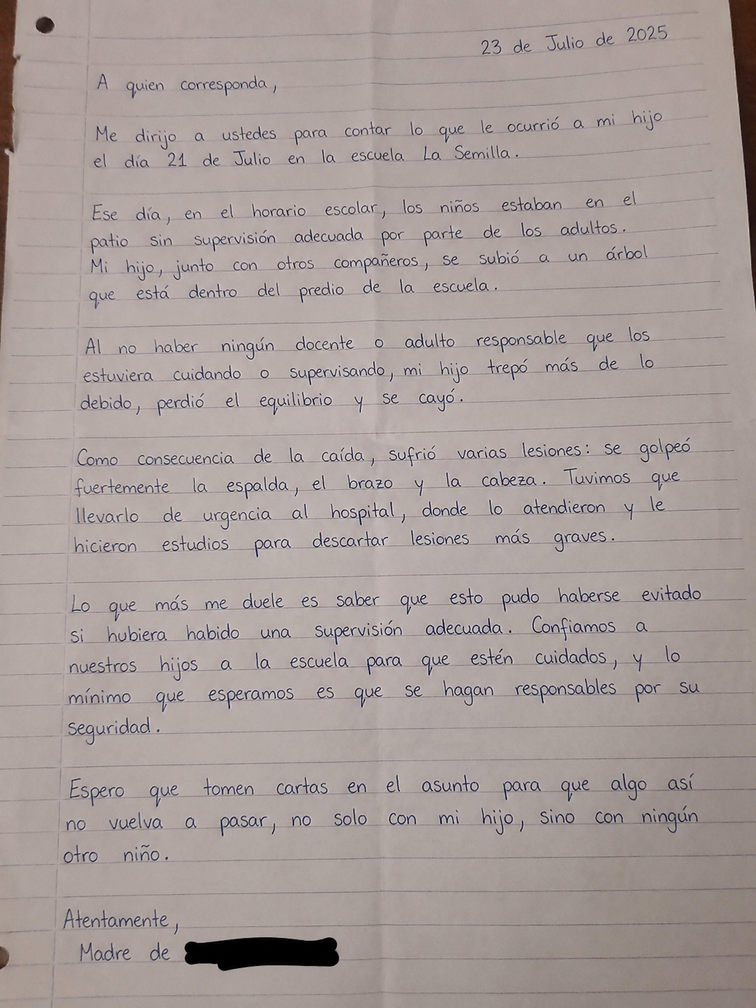 Carta manuscrita sobre un hecho grave